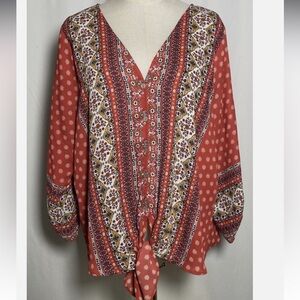 West Kei Boho Button Up Top | Red Geometric Print | Large